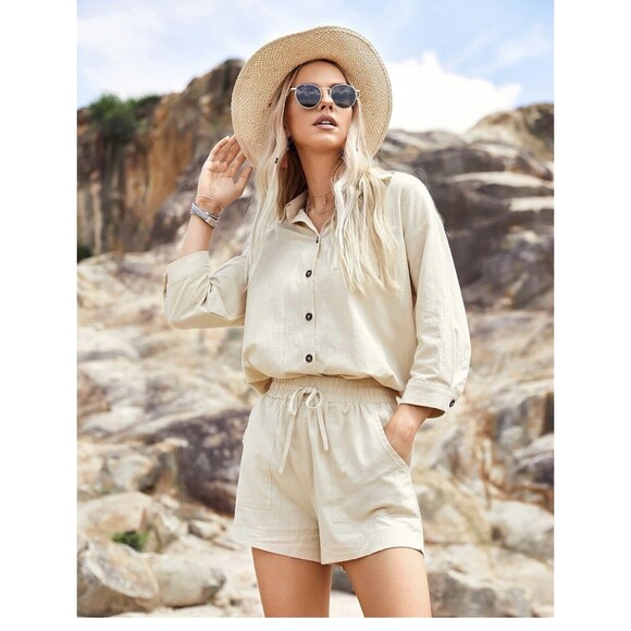 Zeagoo Womens Button Up Shirt Shorts Set Pockets Tan Beige Lightweight Size M - Picture 3 of 8